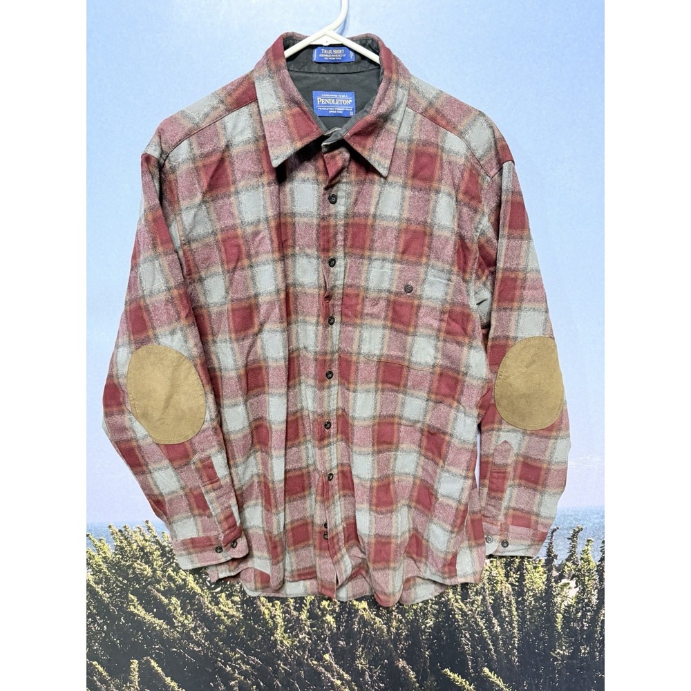Pendleton Men's‎ Plaid Trail Shirt 100% Wool Elbow Patches L RED/BROWN